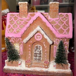 Gingerbread House Village Tabletop Decor W Trees Faux Snow Glitter pink 7.5”